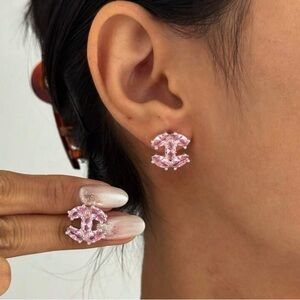 18 Karat Gold Plated Pink Crystal CC Stud Earrings